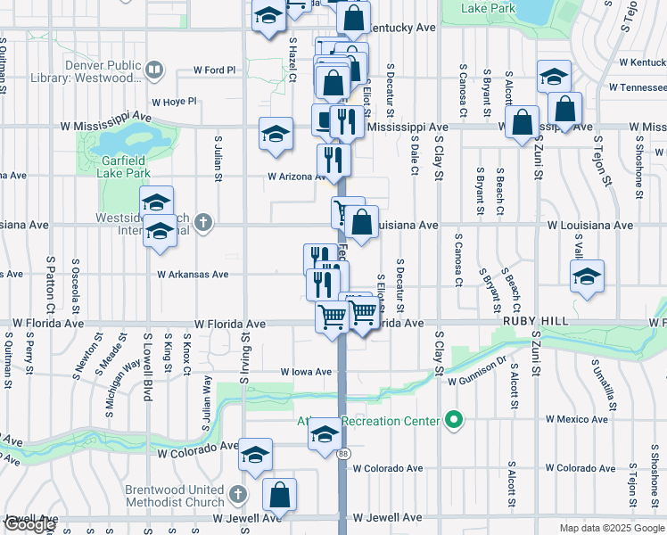 map of restaurants, bars, coffee shops, grocery stores, and more near 1395 South Federal Boulevard in Denver