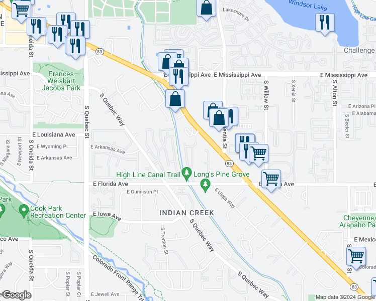 map of restaurants, bars, coffee shops, grocery stores, and more near 1381 South Ulster Street in Denver