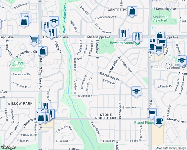 map of restaurants, bars, coffee shops, grocery stores, and more near 1408 South Laredo Street in Aurora