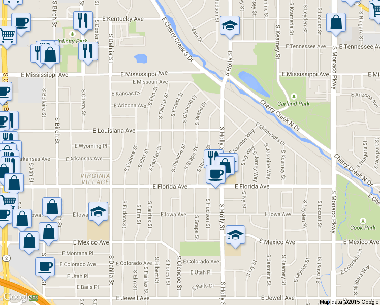 map of restaurants, bars, coffee shops, grocery stores, and more near 1375 South Grape Street in Denver