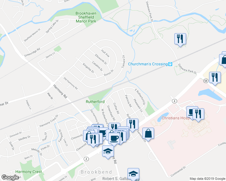 map of restaurants, bars, coffee shops, grocery stores, and more near 157 West Rutherford Drive in Newark