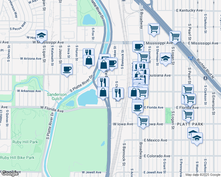 map of restaurants, bars, coffee shops, grocery stores, and more near 1398 South Santa Fe Drive in Denver