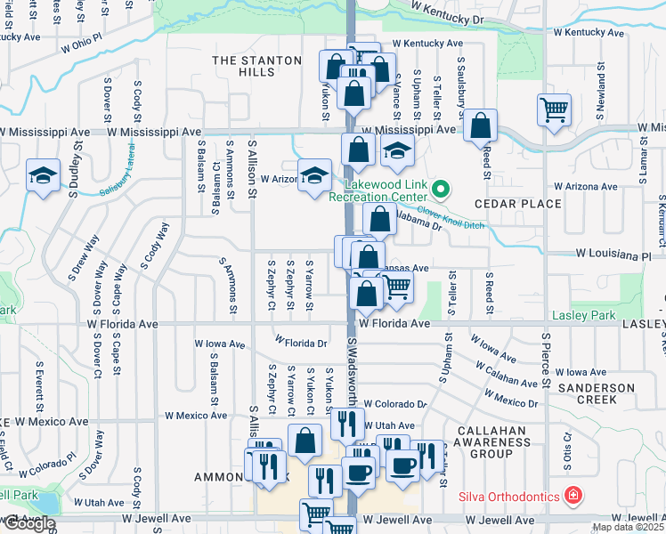map of restaurants, bars, coffee shops, grocery stores, and more near 1330 South Yukon Street in Lakewood
