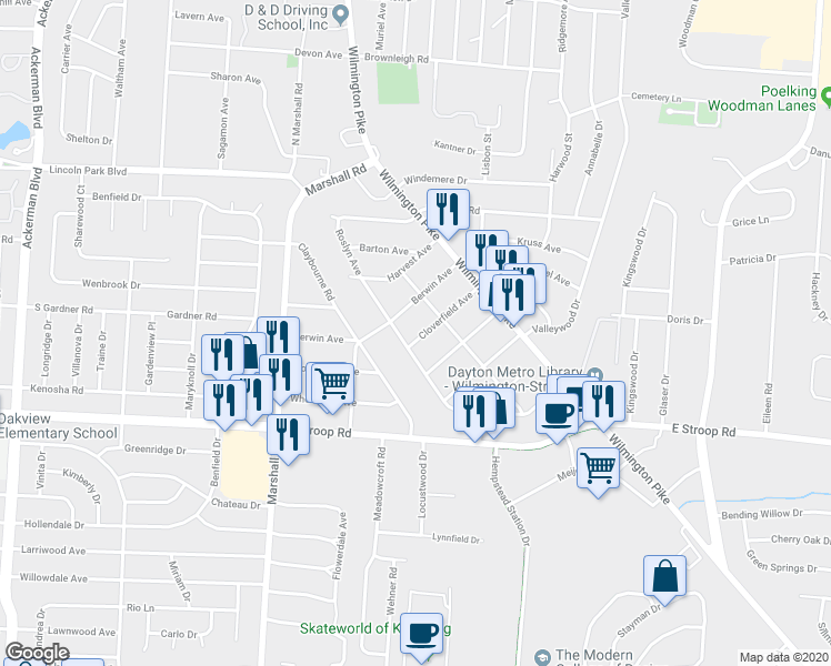 map of restaurants, bars, coffee shops, grocery stores, and more near 1609 Cloverfield Avenue in Dayton