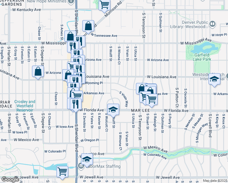 map of restaurants, bars, coffee shops, grocery stores, and more near 1369 South Vrain Way in Denver