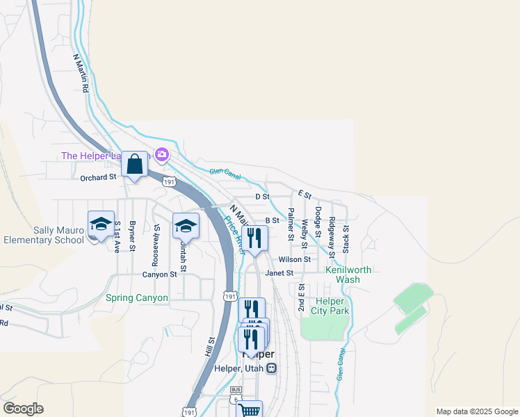 map of restaurants, bars, coffee shops, grocery stores, and more near 57 C Street in Helper