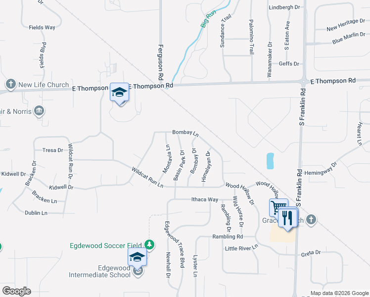 map of restaurants, bars, coffee shops, grocery stores, and more near 5247 Basin Park Drive in Indianapolis