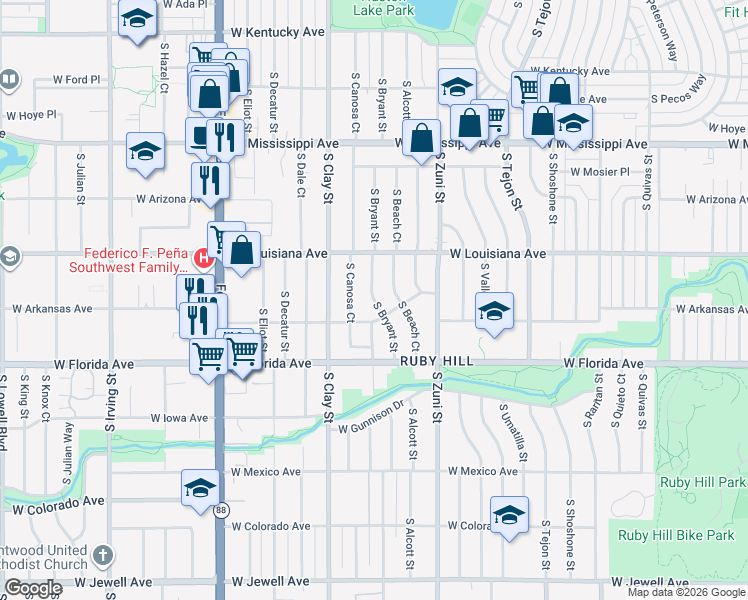 map of restaurants, bars, coffee shops, grocery stores, and more near South Bryant Street in Denver