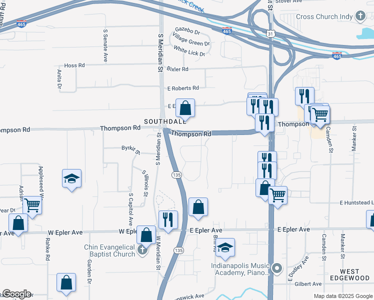map of restaurants, bars, coffee shops, grocery stores, and more near 123 Thompson Way in Indianapolis