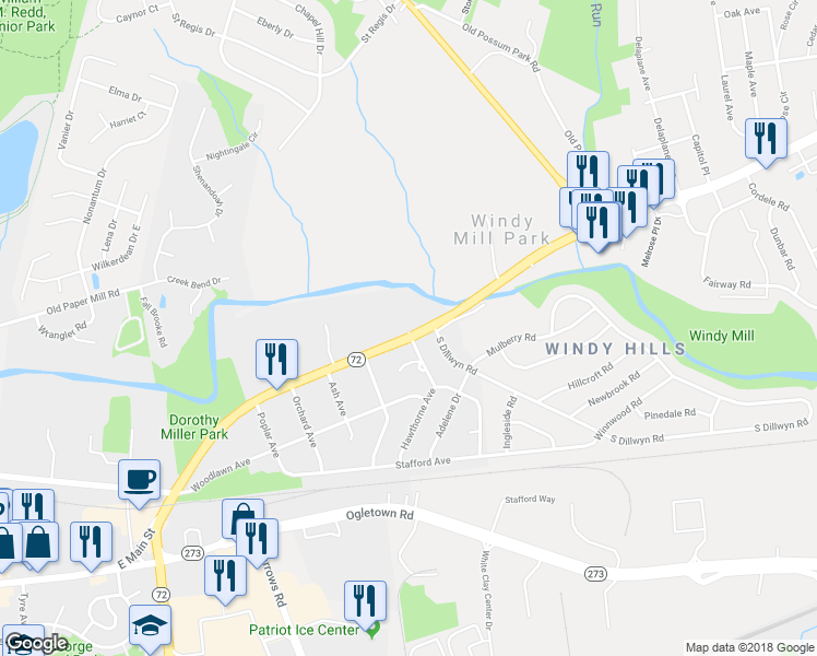 map of restaurants, bars, coffee shops, grocery stores, and more near 523 Capitol Trail in Newark