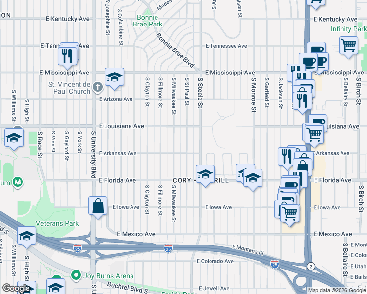 map of restaurants, bars, coffee shops, grocery stores, and more near 1377 South Saint Paul Street in Denver