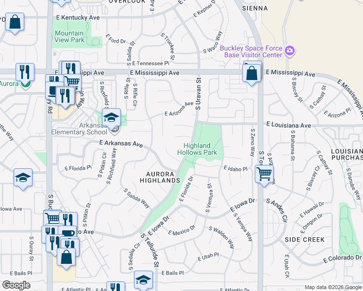 map of restaurants, bars, coffee shops, grocery stores, and more near 17863 East Idaho Place in Aurora