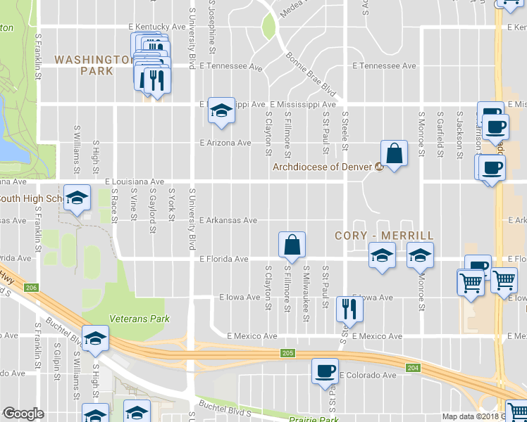 map of restaurants, bars, coffee shops, grocery stores, and more near 1375 South Clayton Street in Denver