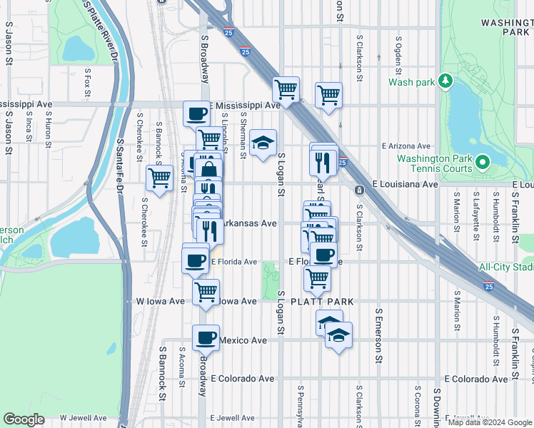 map of restaurants, bars, coffee shops, grocery stores, and more near 1370 South Grant Street in Denver