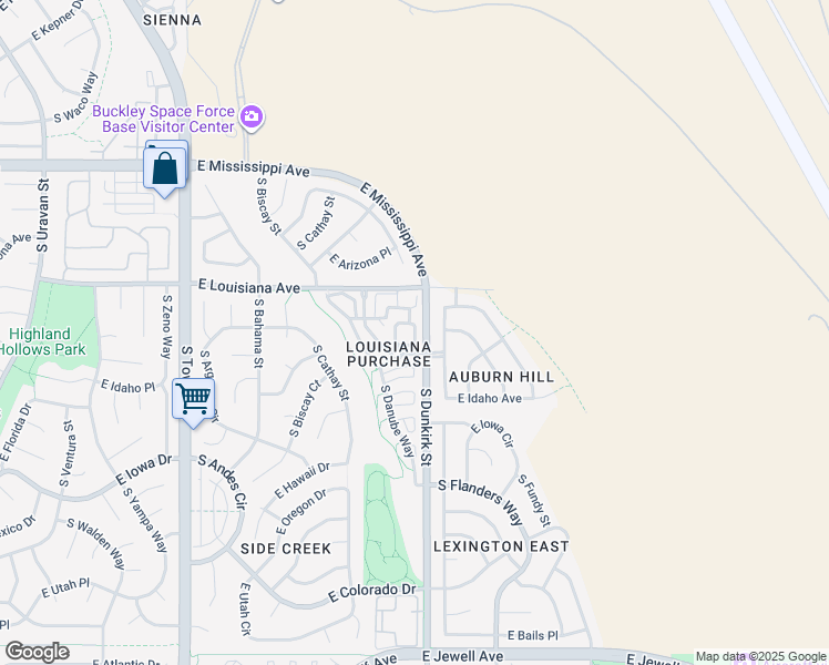 map of restaurants, bars, coffee shops, grocery stores, and more near 38 South Dunkirk Street in Aurora