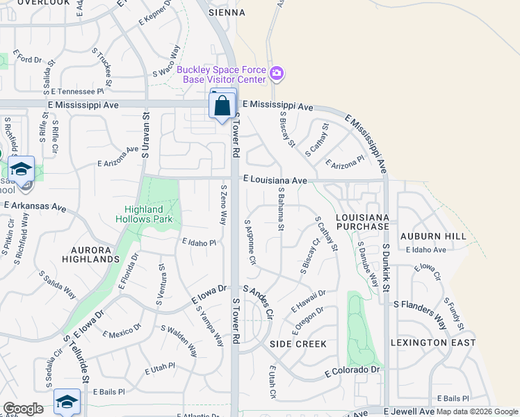 map of restaurants, bars, coffee shops, grocery stores, and more near 1352 South Argonne Circle in Aurora