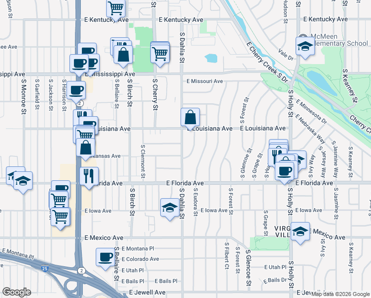 map of restaurants, bars, coffee shops, grocery stores, and more near 1381 South Edison Way in Denver