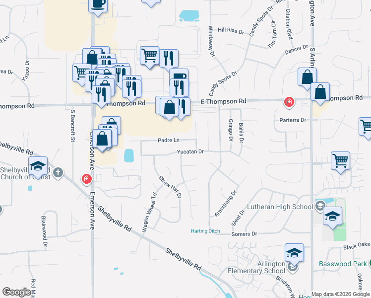map of restaurants, bars, coffee shops, grocery stores, and more near 5428 Yucatan Drive in Indianapolis