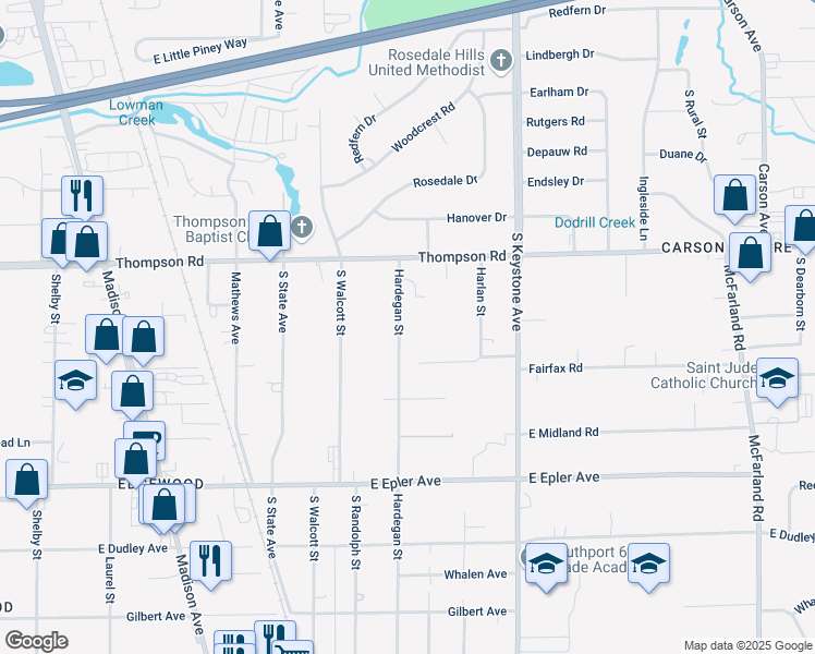 map of restaurants, bars, coffee shops, grocery stores, and more near 4921 Hardegan Street in Indianapolis