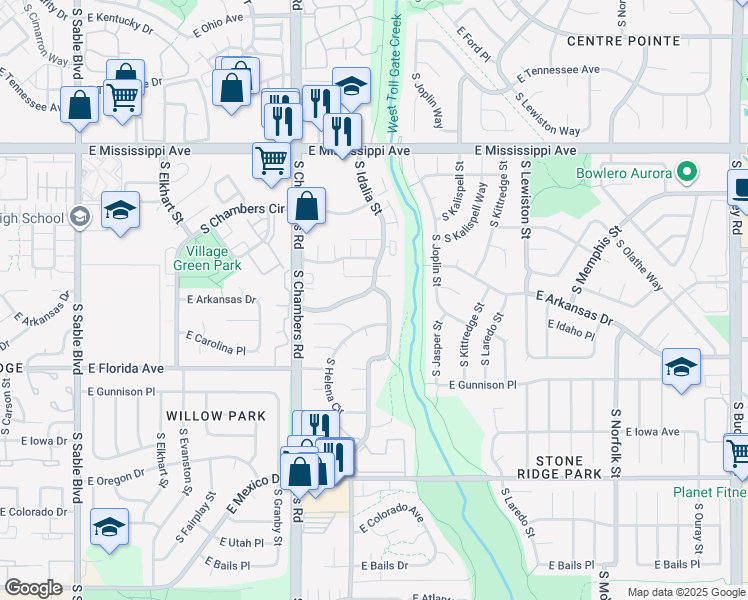 map of restaurants, bars, coffee shops, grocery stores, and more near 1379 South Idalia Street in Aurora