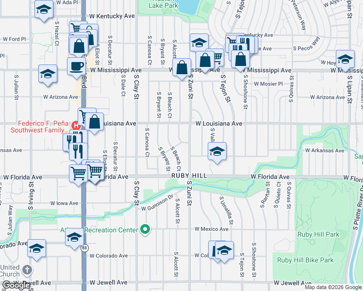 map of restaurants, bars, coffee shops, grocery stores, and more near 2500 West Arkansas Avenue in Denver
