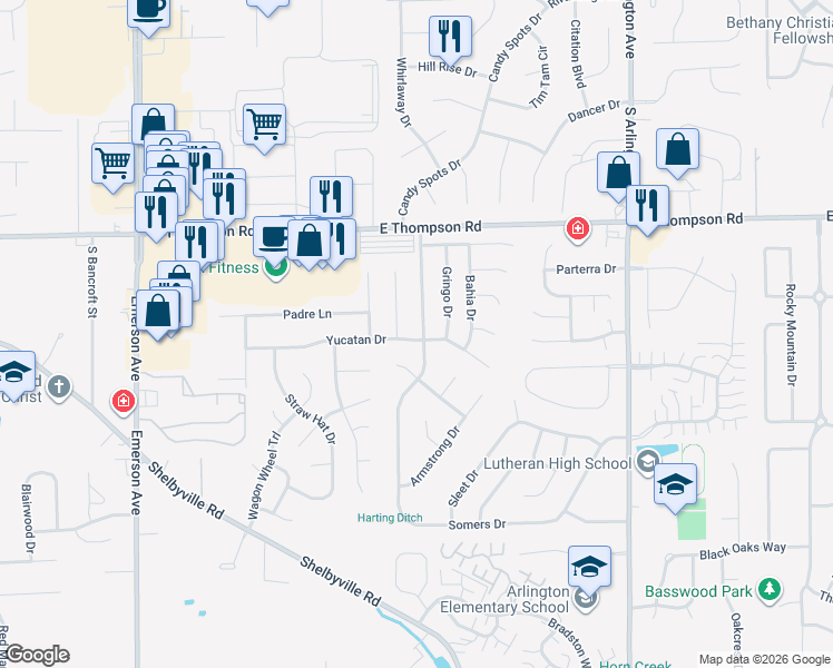 map of restaurants, bars, coffee shops, grocery stores, and more near 5530 Yucatan Drive in Indianapolis