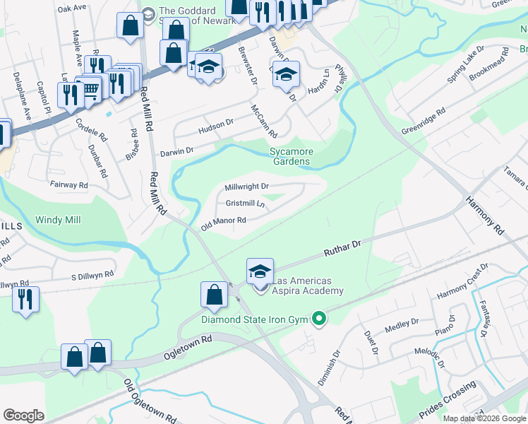 map of restaurants, bars, coffee shops, grocery stores, and more near 21 Gristmill Lane in Newark