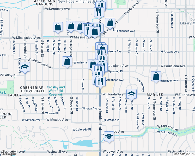 map of restaurants, bars, coffee shops, grocery stores, and more near 1395 South Sheridan Boulevard in Lakewood