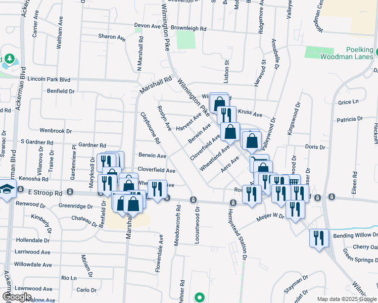 map of restaurants, bars, coffee shops, grocery stores, and more near 3824 Roslyn Avenue in Dayton
