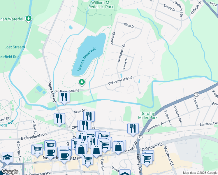 map of restaurants, bars, coffee shops, grocery stores, and more near 7 Wrangler Road in Newark