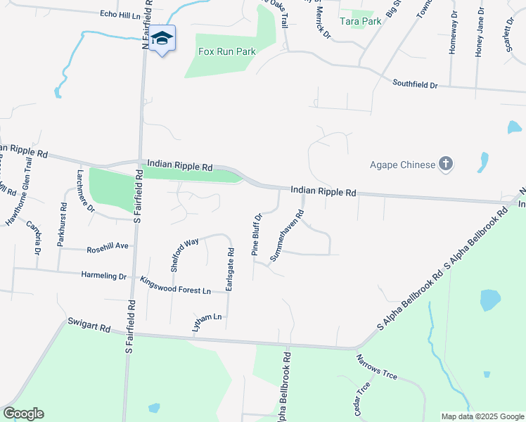 map of restaurants, bars, coffee shops, grocery stores, and more near 42 Pine Bluff Drive in Dayton