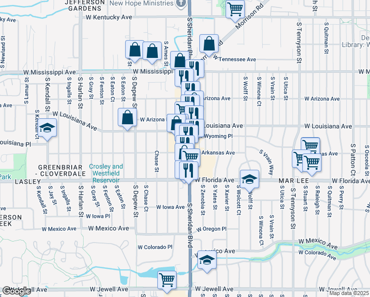 map of restaurants, bars, coffee shops, grocery stores, and more near 1395 South Sheridan Boulevard in Lakewood