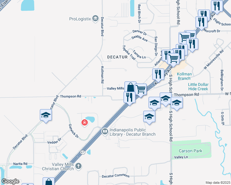 map of restaurants, bars, coffee shops, grocery stores, and more near 6651 Valley Mills Avenue in Indianapolis