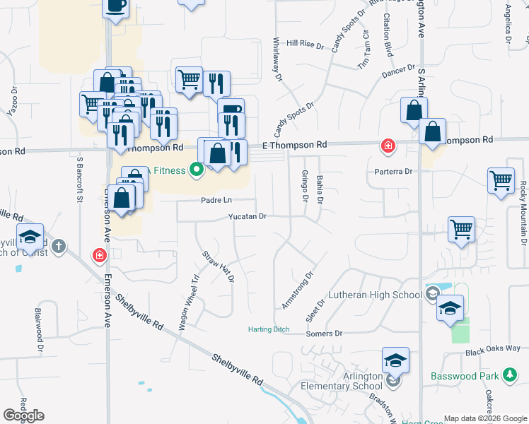 map of restaurants, bars, coffee shops, grocery stores, and more near 5508 Yucatan Drive in Indianapolis