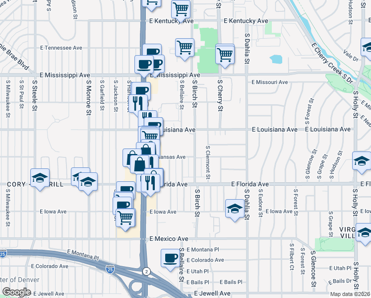 map of restaurants, bars, coffee shops, grocery stores, and more near in Denver