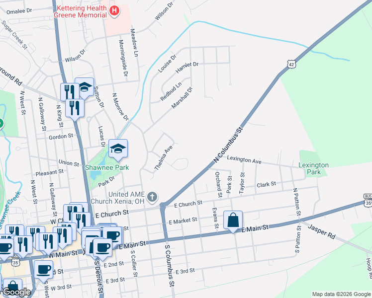 map of restaurants, bars, coffee shops, grocery stores, and more near 609 South Stadium Drive in Xenia
