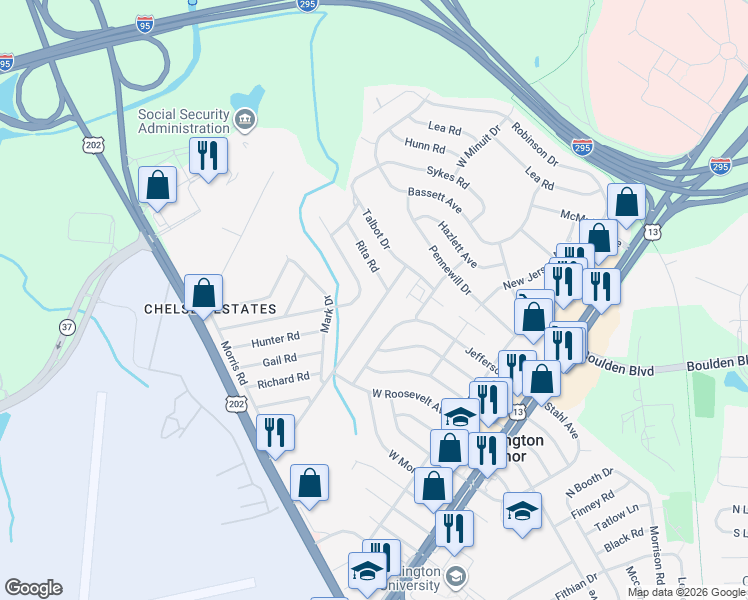 map of restaurants, bars, coffee shops, grocery stores, and more near 138 Jay Drive in Wilmington Manor