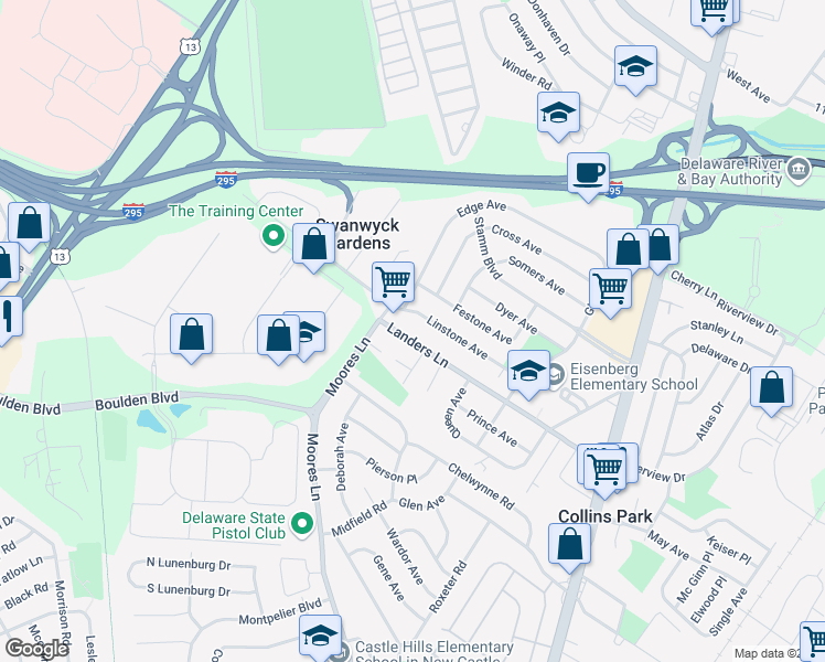map of restaurants, bars, coffee shops, grocery stores, and more near 65 Landers Lane in New Castle