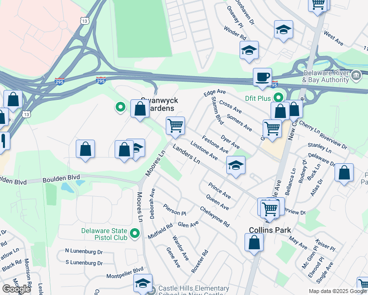map of restaurants, bars, coffee shops, grocery stores, and more near 65 Landers Lane in New Castle