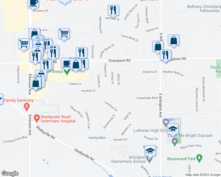 map of restaurants, bars, coffee shops, grocery stores, and more near 5210 Gringo Drive in Indianapolis