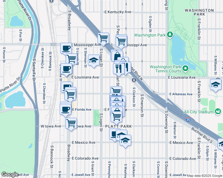 map of restaurants, bars, coffee shops, grocery stores, and more near 1372 South Pennsylvania Street in Denver