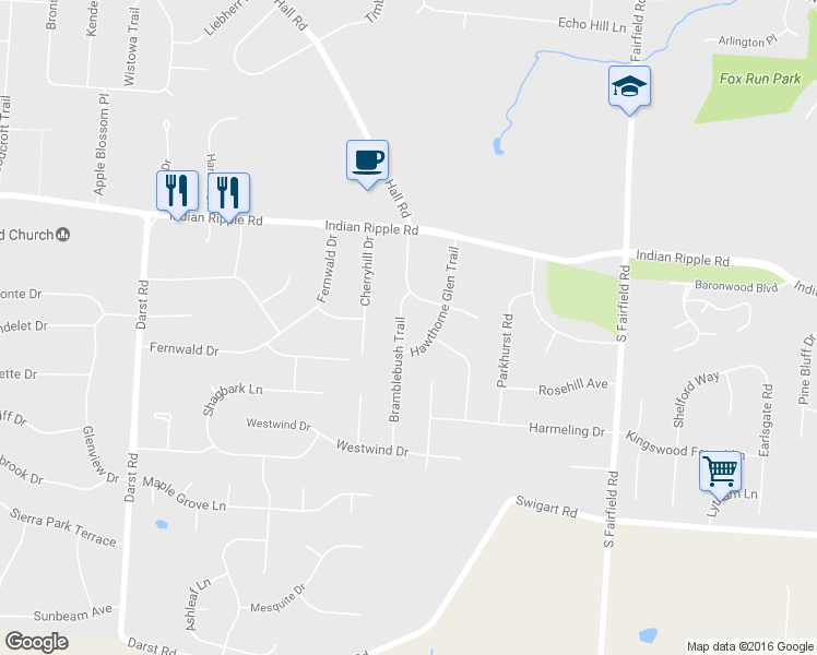 map of restaurants, bars, coffee shops, grocery stores, and more near 126 Bramblebush Trail in Dayton