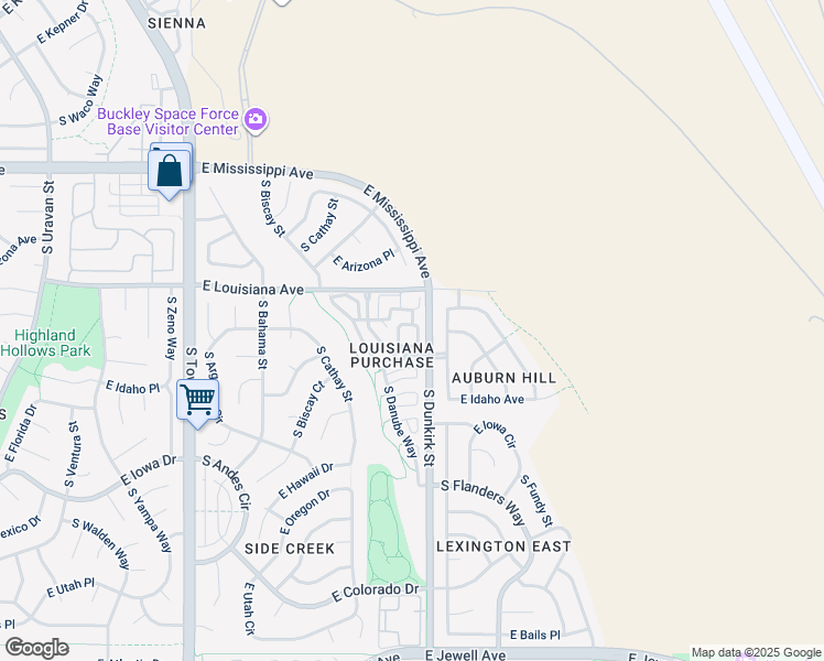 map of restaurants, bars, coffee shops, grocery stores, and more near 38 South Dunkirk Street in Aurora