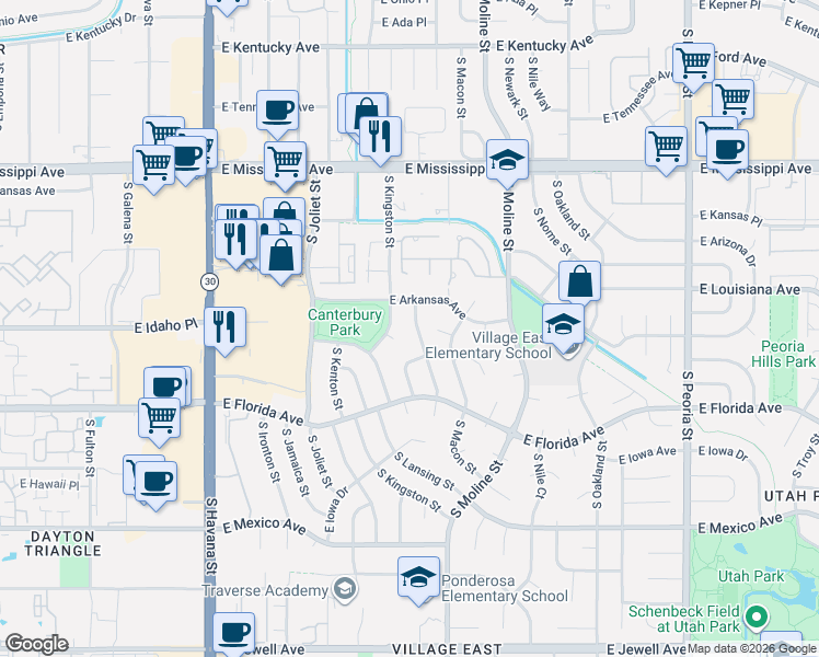 map of restaurants, bars, coffee shops, grocery stores, and more near 1434 South Lima Street in Aurora