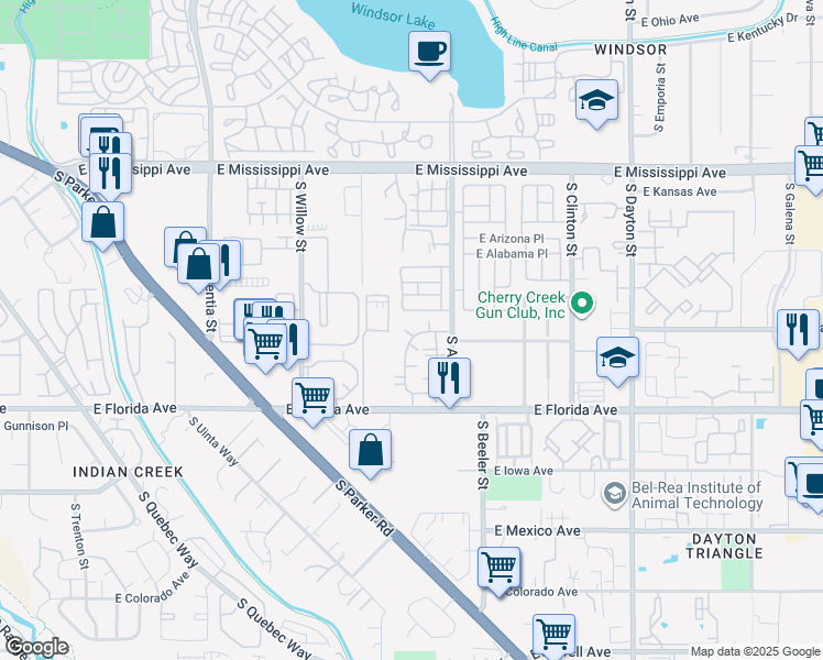 map of restaurants, bars, coffee shops, grocery stores, and more near 8881 East Florida Avenue in Denver