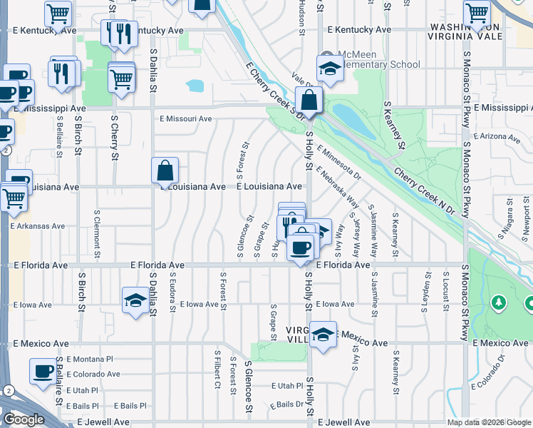 map of restaurants, bars, coffee shops, grocery stores, and more near 1375 South Grape Street in Denver