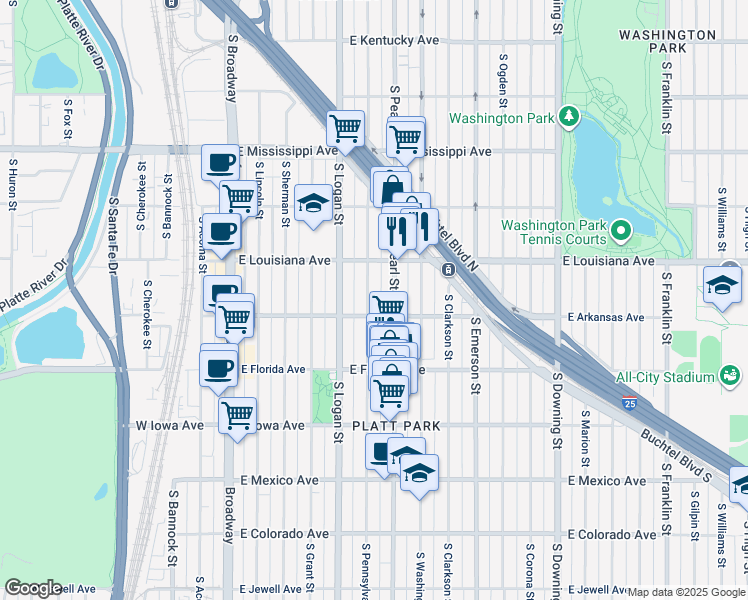 map of restaurants, bars, coffee shops, grocery stores, and more near 1381 South Pennsylvania Street in Denver