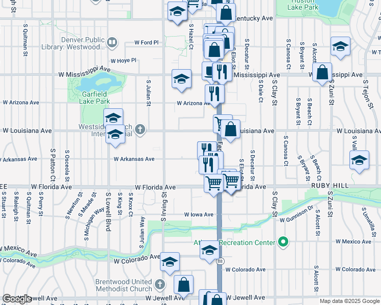 map of restaurants, bars, coffee shops, grocery stores, and more near 3125 West Arkansas Avenue in Denver