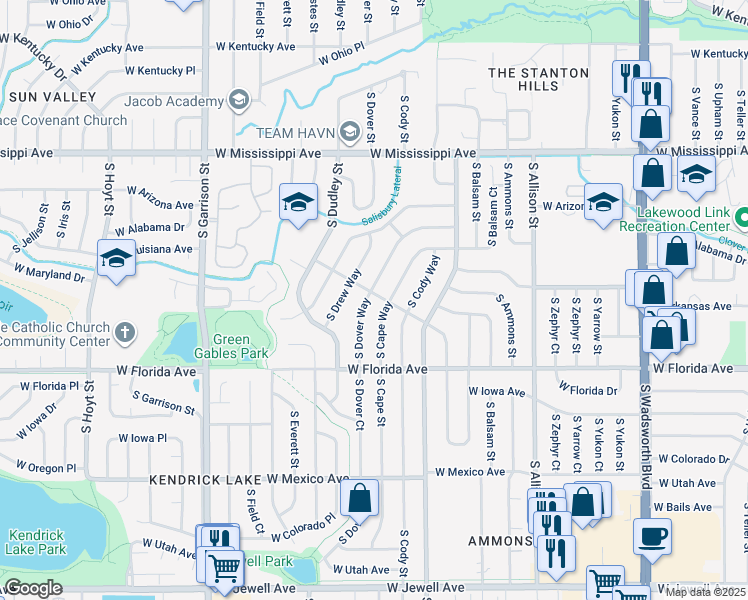 map of restaurants, bars, coffee shops, grocery stores, and more near 8560 West Cottontail Drive in Lakewood