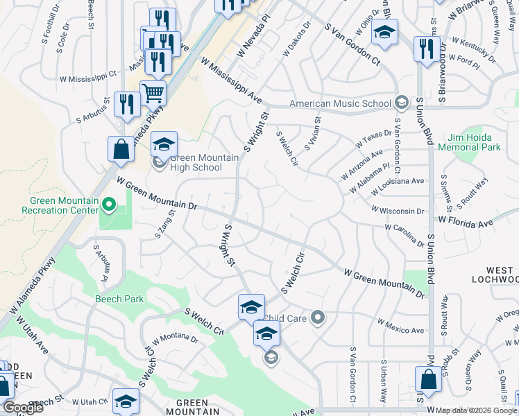 map of restaurants, bars, coffee shops, grocery stores, and more near 1385 South Ward Way in Lakewood